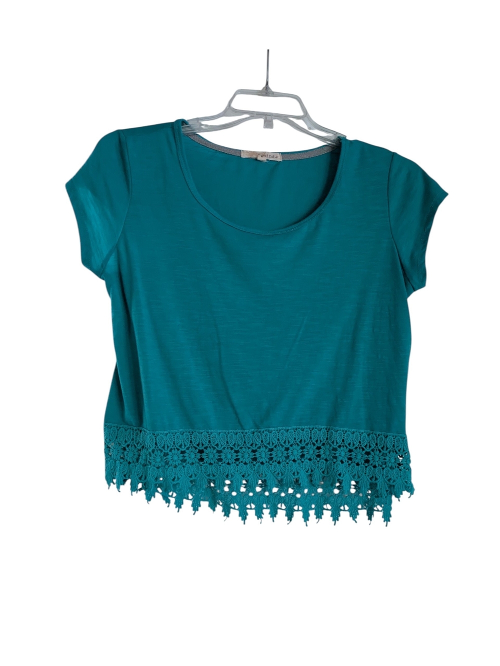 Rewind Teal Crochet-Hem Crop Top Size M
